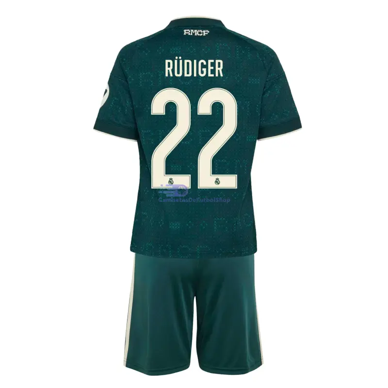 Camiseta RUDIGER 22 Real Madrid 2026/2027 2ª Equipación Verde Oscuro Niño Kit con Parche HP