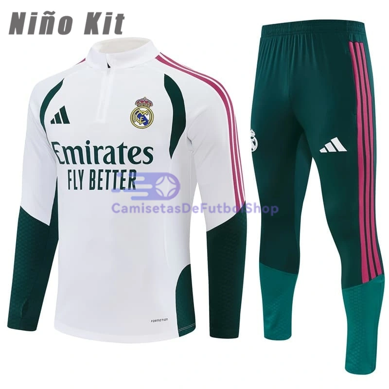 Sudadera De Entrenamiento Real Madrid 2026/2027 Niño Kit Blanco/Verde Oscuro