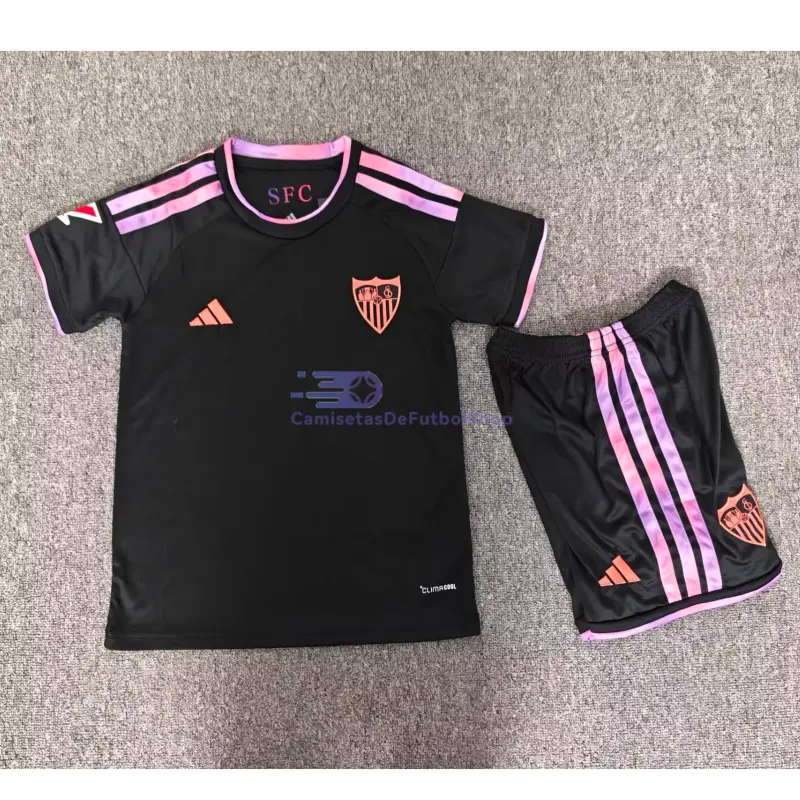 Camiseta Sevilla FC 2026/2027 3ª Equipación Negro Niño Kit con Parche La Liga