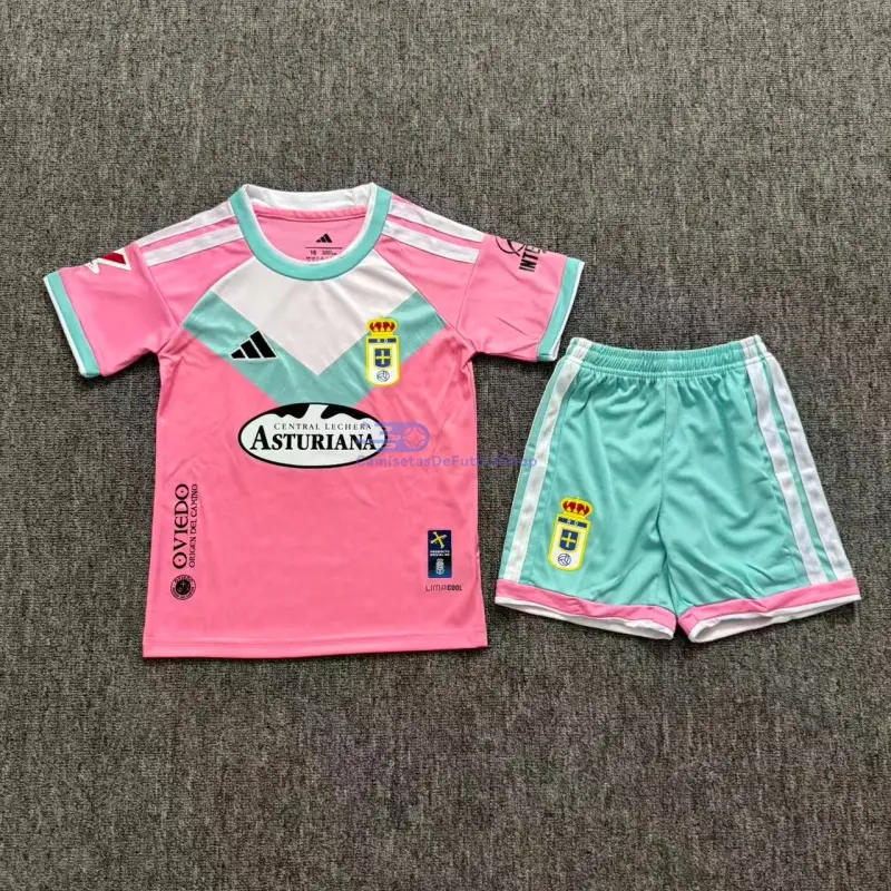 Camiseta Real Oviedo 2026/2027 2ª Equipación Rosa Niño Kit con Parche La Liga