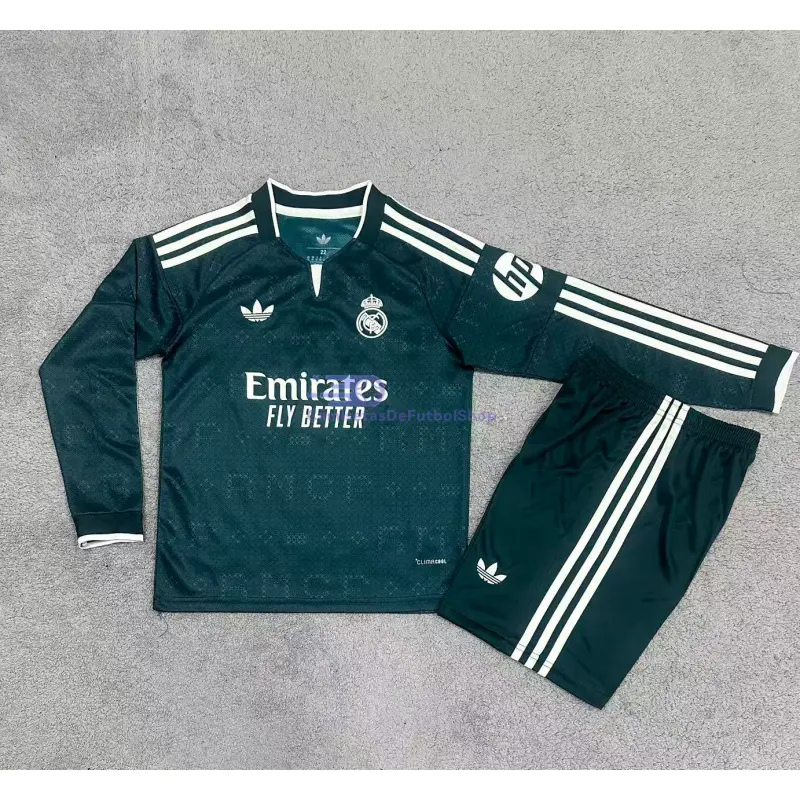 Camiseta Real Madrid 2026/2027 2ª Equipación ML Verde Oscuro Niño Kit con Parche HP
