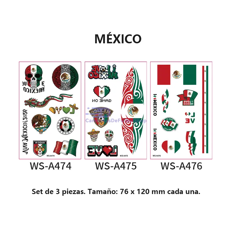 Set de 3 tatuajes temporales del Mundial 2026 de banderas